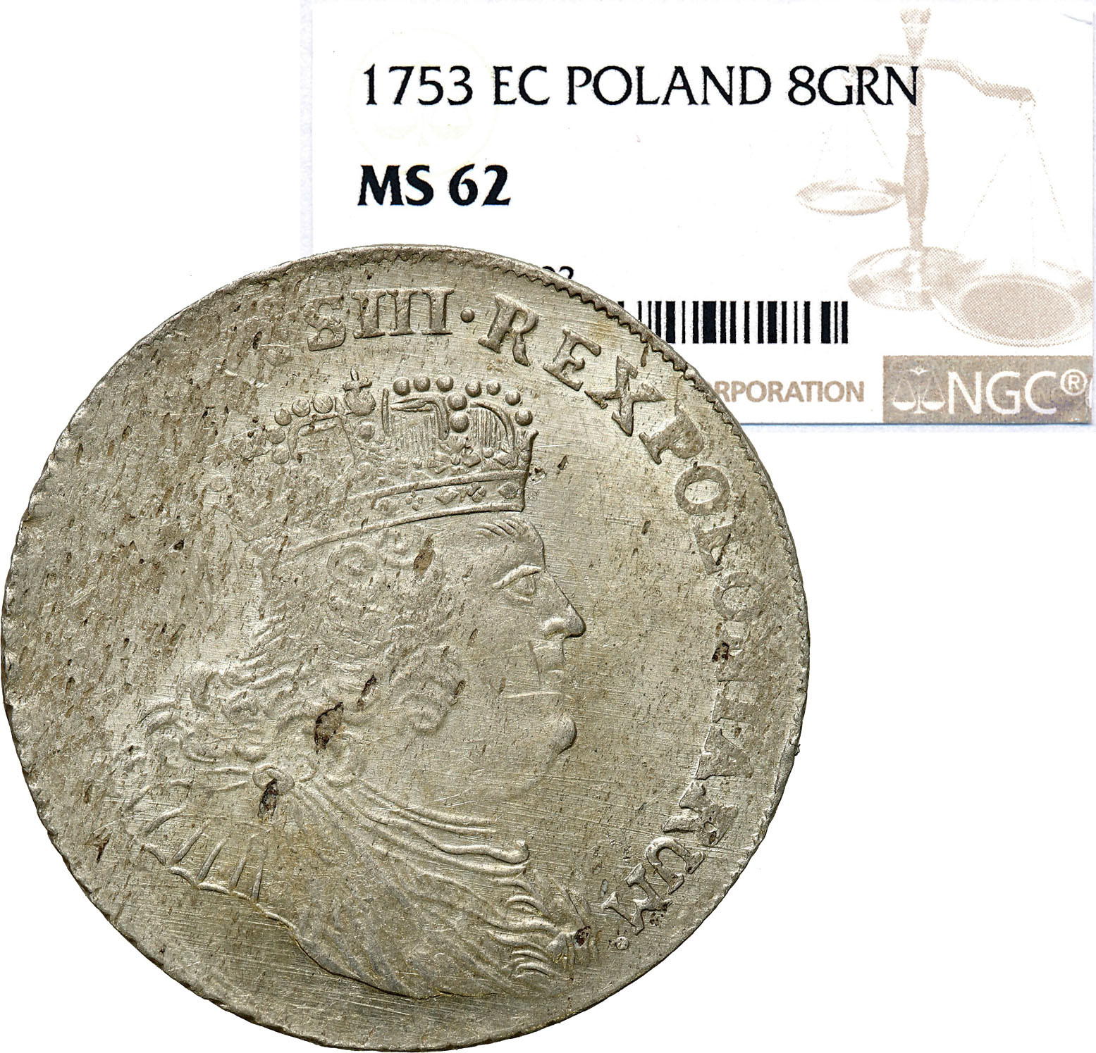 August III Sas. Dwuzłotówka (8 groszy) 1753 - litery EC - Lipsk NGC MS62 - WYŚMIENITA - Nienotowany